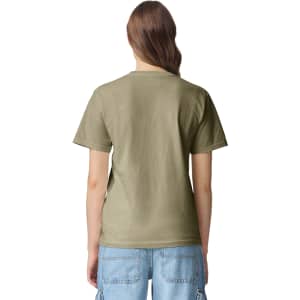 A back view of an olive green heavyweight adult t-shirt, featuring short sleeves and a classic fit.