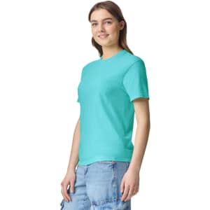 A turquoise heavyweight t-shirt with a classic fit, featuring a logo on the front.