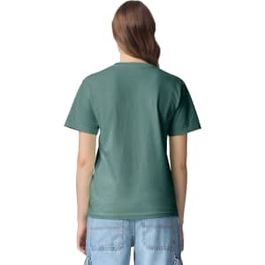 A green adult heavyweight T-shirt, featuring a simple design and a logo on the back.