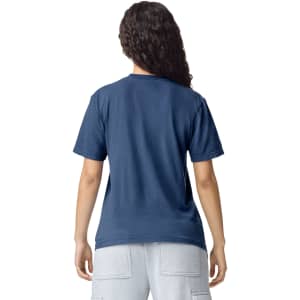 A navy blue heavyweight t-shirt with a round neck and short sleeves, featuring a logo on the back.