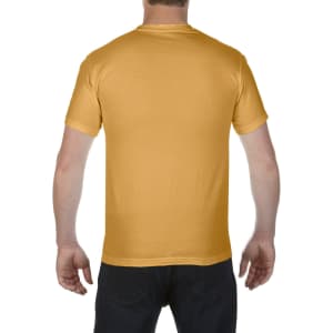 A yellow heavyweight adult t-shirt viewed from the back, featuring a logo on the upper side.