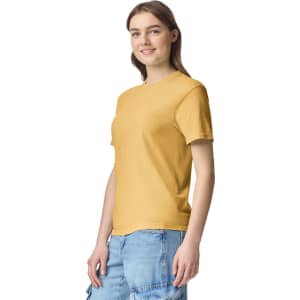 A lightweight adult t-shirt in a vibrant yellow, worn by a model with a casual pose. The shirt features short sleeves and a basic cut.