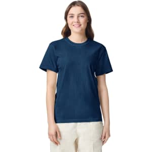A women's navy blue heavyweight T-shirt featuring a classic crew neck and short sleeves, with a logo.