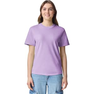 A purple heavyweight t-shirt with short sleeves and a round neckline. It features a logo on the front.