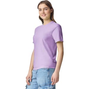 A lightweight lavender adult heavyweight T-shirt with a crew neck and short sleeves. Features a logo.