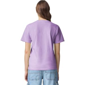 A purple adult heavyweight T-shirt viewed from the back, featuring a simple design and short sleeves.