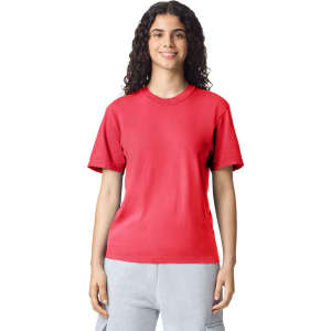 A red adult heavyweight T-shirt displayed on a model, featuring a round neck and short sleeves.