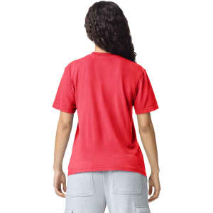 A red heavyweight adult T-shirt viewed from the back, featuring short sleeves and a relaxed fit.