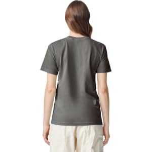 A grey heavyweight adult T-shirt viewed from the back, featuring a simple design and a logo.