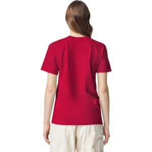 A red adult heavyweight t-shirt displayed from the back, featuring a simple design and short sleeves.