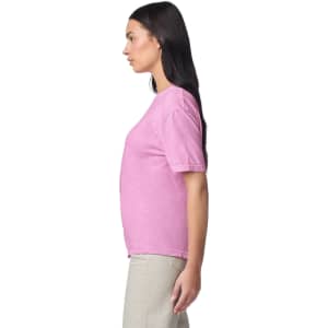 A pink heavyweight adult T-shirt displayed on a model in profile view. The shirt has short sleeves and a casual fit.