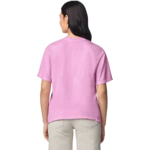 A pink heavyweight adult T-shirt displayed from the back, featuring a classic style and a simple design.