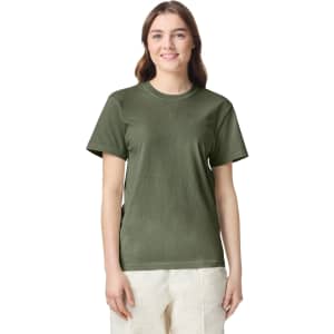 A heavyweight adult t-shirt in olive green, featuring a simple design and a logo.