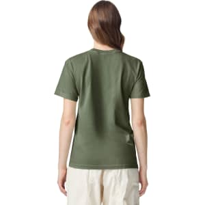 A back view of an olive green heavyweight adult T-shirt with short sleeves and a plain design.