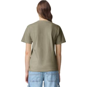 A green heavyweight adult T-shirt displayed from the back, featuring a simple design and short sleeves.
