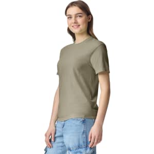 A lightweight heavyweight t-shirt in khaki, featuring a simple design and short sleeves. Includes a logo on the shirt.