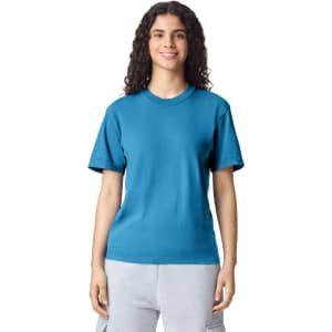 A teal heavyweight t-shirt displayed on a model with curly hair, featuring a blank design and a logo.