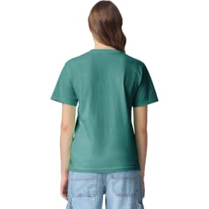 A back view of an adult heavyweight t-shirt in green, featuring short sleeves and a simple design.