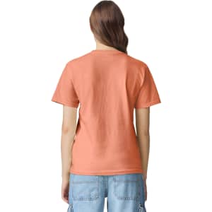 A heavyweight adult t-shirt in a peach colour, shown from the back, featuring a logo.