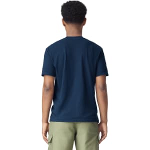 A navy blue adult heavyweight t-shirt viewed from the back, featuring a plain design without any visible logos.
