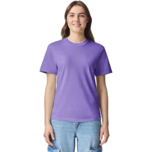A purple heavyweight T-shirt displayed on a model, featuring a round neckline and short sleeves.