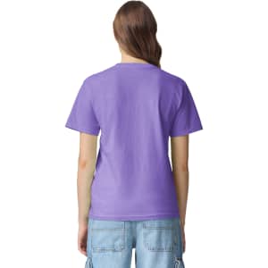 A purple heavyweight t-shirt, featuring a basic design and a plain back view.