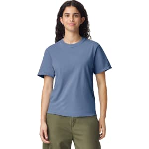 A blue heavyweight t-shirt displayed on a model, featuring short sleeves and a relaxed fit.