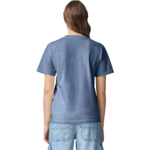 A blue heavyweight t-shirt viewed from the back, made from durable material. Features a logo on the back.