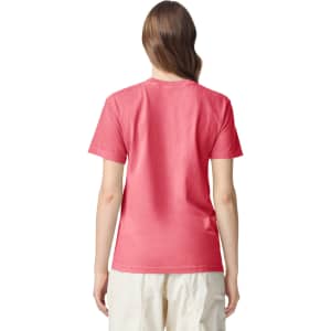 A pink adult heavyweight T-shirt seen from the back, showcasing a simple design and a logo on the back.