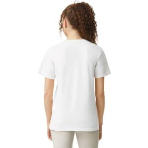 A white heavyweight adult t-shirt featuring a simple design and a logo on the back.