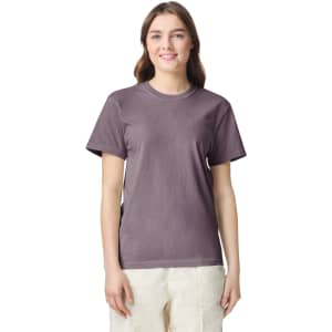 A lavender heavyweight t-shirt for adults, featuring a classic crew neck and short sleeves, with a logo on the side.