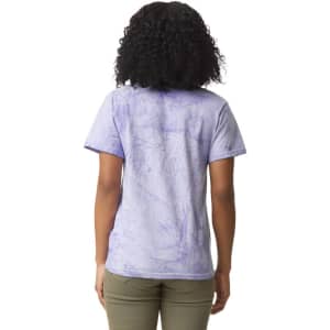 A lightweight purple t-shirt with a textured pattern, featuring a logo on the back.