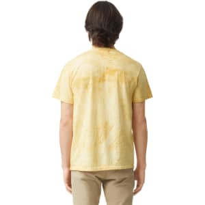 A yellow heavyweight T-shirt with a textured design, featuring a logo on the back.