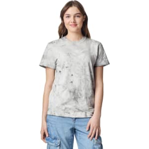 A heavyweight T-shirt in a light grey marbled design, featuring a logo on the chest area.