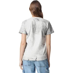 A heavyweight t-shirt with a grey and black marbled design, featuring a logo on the back.