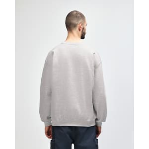 A grey Gildan Heavy Blend adult crewneck sweatshirt viewed from the back, featuring a simple design and a branding logo.