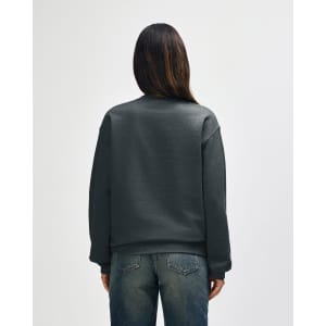 A grey Gildan Heavy Blend Adult Crewneck Sweatshirt viewed from the back, featuring a simple design and a logo.
