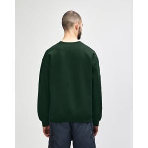 A dark green Gildan Heavy Blend adult crewneck sweatshirt, showing the back view, with long sleeves and a plain design.