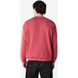 A crewneck sweatshirt in a faded red hue, featuring a relaxed fit and long sleeves. The back view displays a simple design.