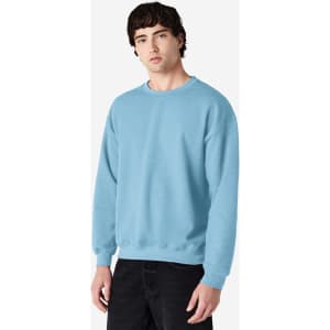 A blue crewneck sweatshirt is displayed, featuring long sleeves and a relaxed fit. It has a visible logo.