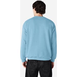 A light blue crewneck sweatshirt, featuring a plain back and long sleeves, worn by a person facing away.