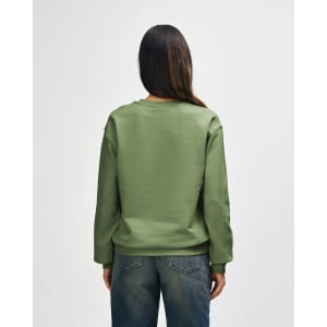 A back view of a green Gildan Heavy Blend Adult Crewneck Sweatshirt with a logo on the side.