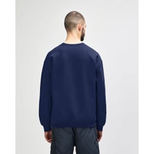 A navy Gildan Heavy Blend adult crewneck sweatshirt, showcased from the back, with a casual fit and long sleeves.