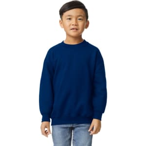 A youth sweatshirt in navy blue, featuring long sleeves and a simple design. It includes a branding logo.