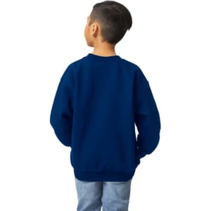 A youth sweatshirt in navy blue, featuring a relaxed fit and a logo on the back.
