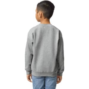 A grey youth sweatshirt with long sleeves and a crew neck, featuring a logo on the back.