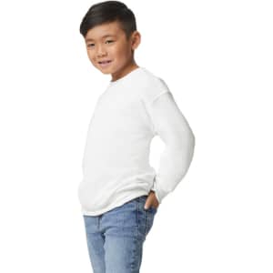 A white youth sweatshirt in a casual style, worn by a smiling child, with a relaxed fit and long sleeves.