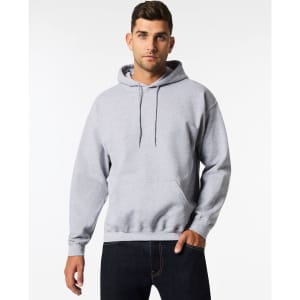 A grey hooded sweatshirt featuring a front pocket and a drawstring hood, modelled by a person.