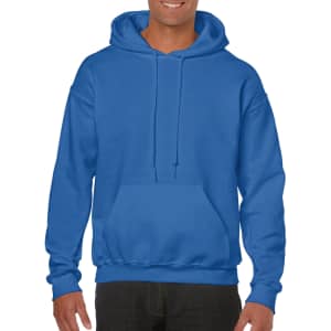 A blue Gildan Heavy Blend adult hooded sweatshirt featuring a front pocket and a hood, modelled by a smiling person.