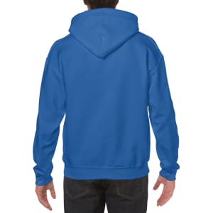 A blue hooded sweatshirt with a pouch pocket and a drawstring hood, featuring a logo design.